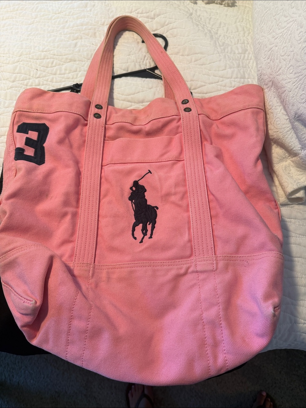 Ralph Lauren Pink Canvas Duffel Tote with Black Polo Emblem